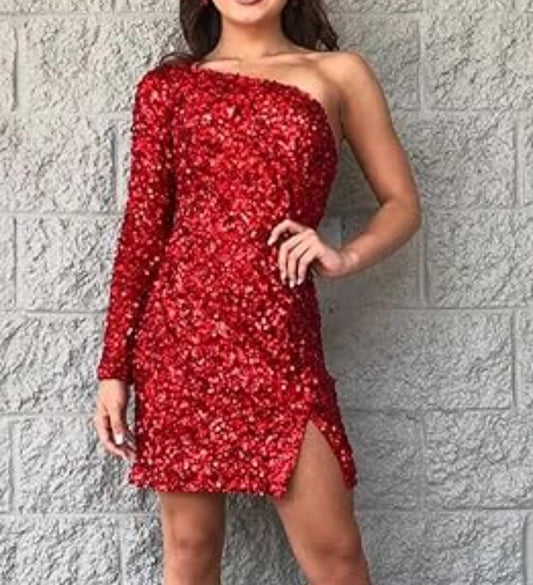 Red one shoulder sequin sparkly dress