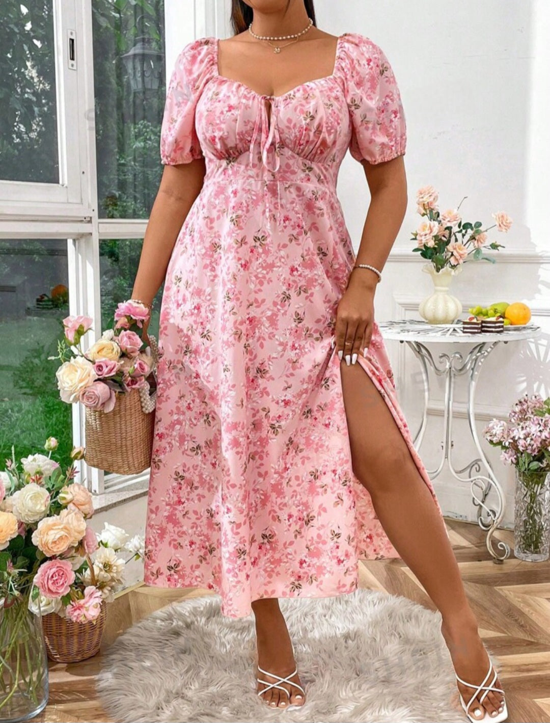 Womens pink floral milk maid midi dress