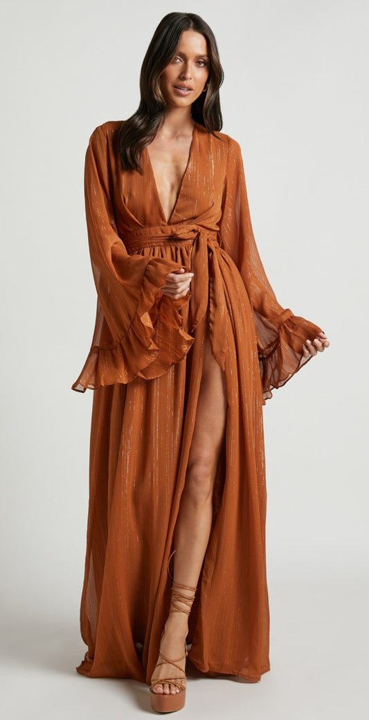 SHOWPO Dangerous women maxi dress - Plunge thigh split dress in rust