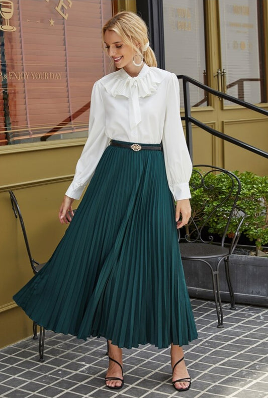 Womens pleated green midi skirt with belt