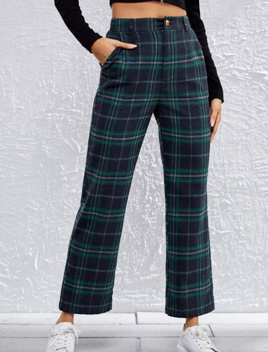 Womens plaid green tartan high waisted pants