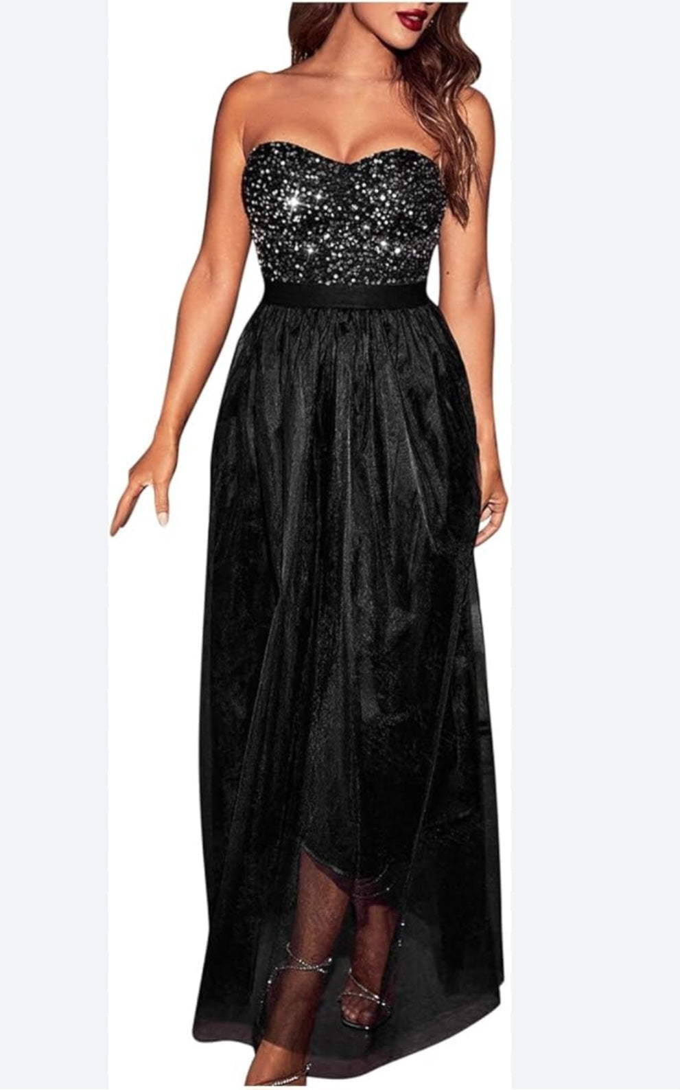 Black strapless formal gown with sequence