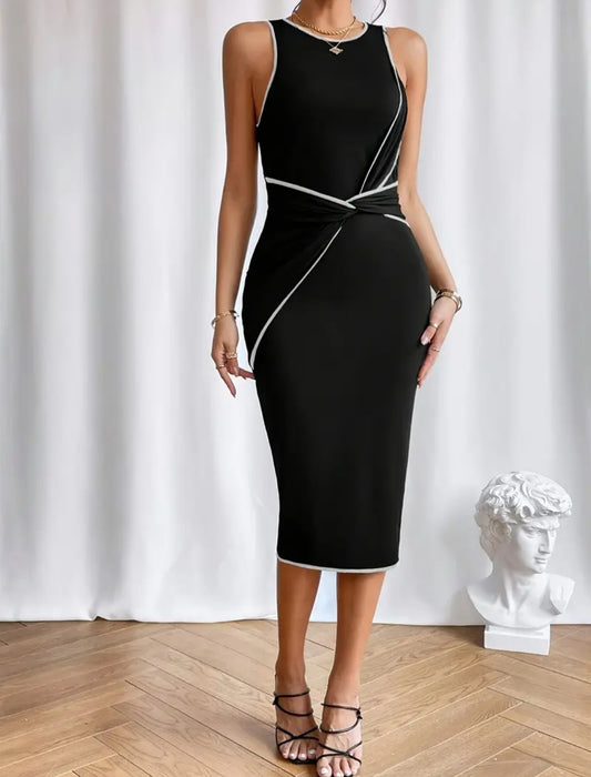 Womens black and white front tie cocktail midi dress