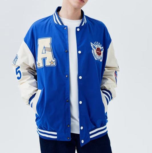 Mens blue varsity button up bomber jacket