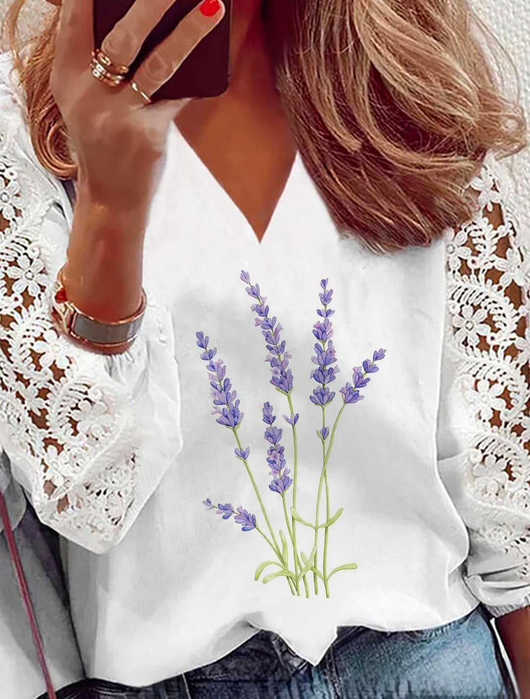 Womens white long sleeve vneck blouse with lace sleeve