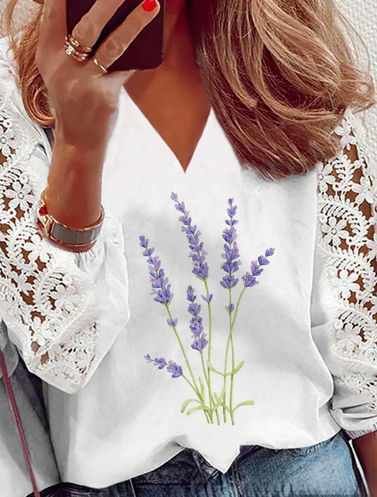 Womens white long sleeve vneck blouse with lace sleeve